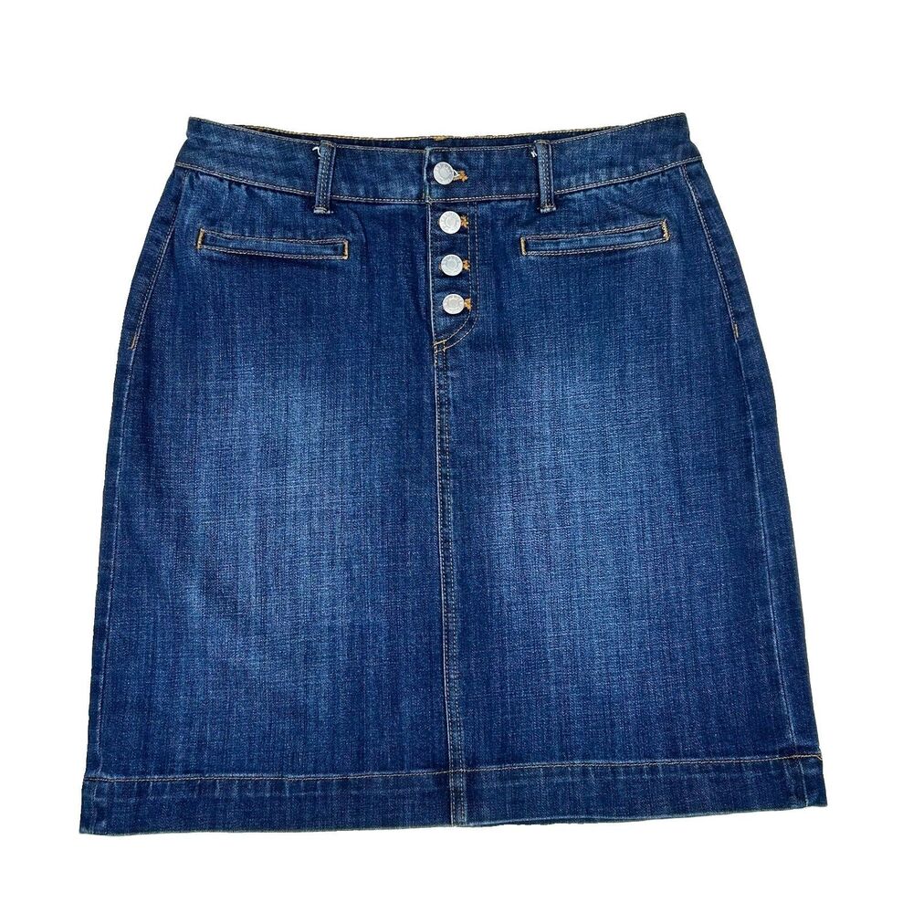 Talbots Dark Denim Jean Skirt Women's Size 8 Button Fly Dark Wash Casual Boho